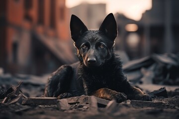 Adorable puppy roaming eerie, desolate streets of abandoned city under cover of night
