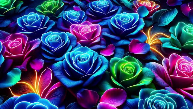 Blue neon roses with colored highlights. Floral spring background.