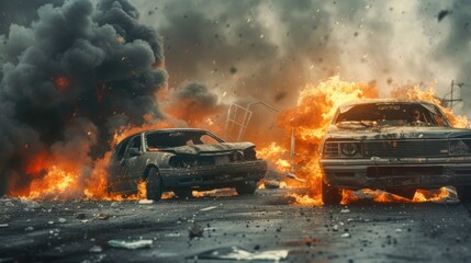 Car explosion and fire on the road.