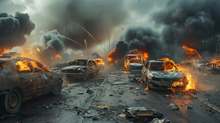 Car explosion and fire on the road. - obrazy, fototapety, plakaty