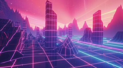 Futuristic neon retrowave background. Retro low poly grid wireframe landscape mountain terrain with set of glowing outrun sun vector illustration template