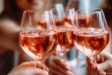 Elegant Celebration: Close-Up of Rosé Wine Toast - People Celebrating with Stylish Glasses in Warm Ambiance