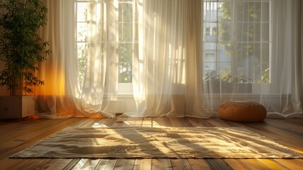 Peaceful morning scene with sunlight streaming through sheer curtains