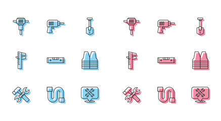 Set line Hammer and wrench, Industry pipe, Construction jackhammer, Location with, bubble level, Safety vest, Calliper or caliper scale and Electric drill machine icon. Vector