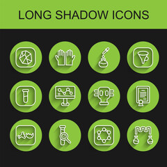 Set line Broken flask, Test tube and, Salt stone, Formula of benzene rings, Chemical formula, Certificate template and Gas mask icon. Vector