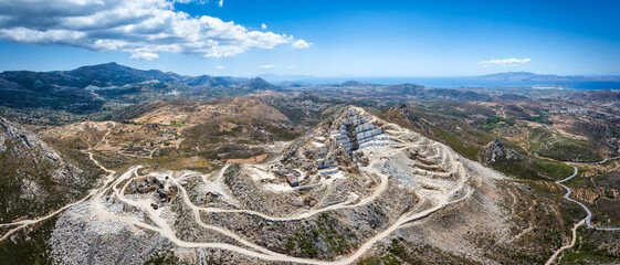 Panoramic aerial view of the mountain landscape of Naxos island with a large marble mine, Cyclades,...