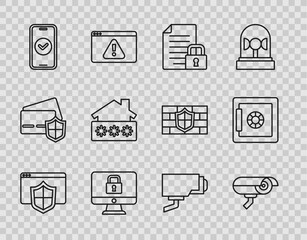 Set line Browser with shield, Security camera, Document and lock, Lock on monitor, Smartphone, House password, and Safe icon. Vector