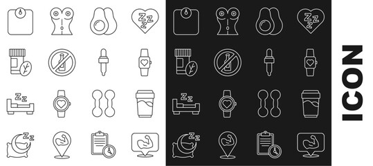 Set line Bodybuilder muscle, Glass with water, Smart watch, Avocado fruit, No alcohol, Vitamin pill, Bathroom scales and Pipette oil icon. Vector