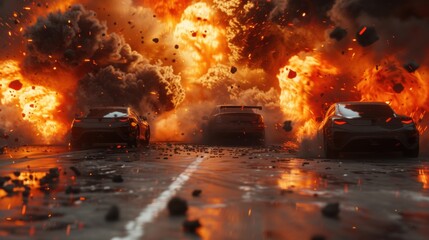 Fototapeta na wymiar Car explosion and fire on the road.