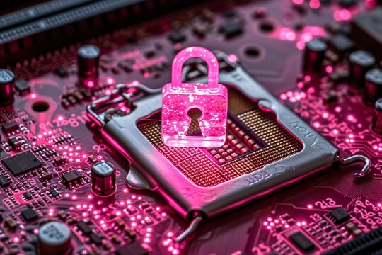 Cybersecurity Concept with Glowing Pink Padlock on Computer Motherboard - Digital Security, Encryption, Technology Protection