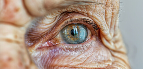 A close-up portrait of an elderly man with expressive blue eyes, weathered skin showing age, wisdom and life experience.