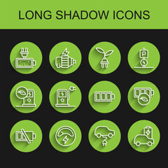 Set line Low battery, Voltmeter, Battery charge, Electric car, charging station, Eco nature leaf and icon. Vector