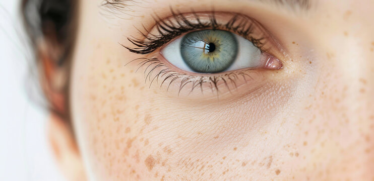 Grey-green eyes of a child close-up with sunlight emphasizing freckles, detailed eyelashes, youthful innocence and pensive look in sharp image.