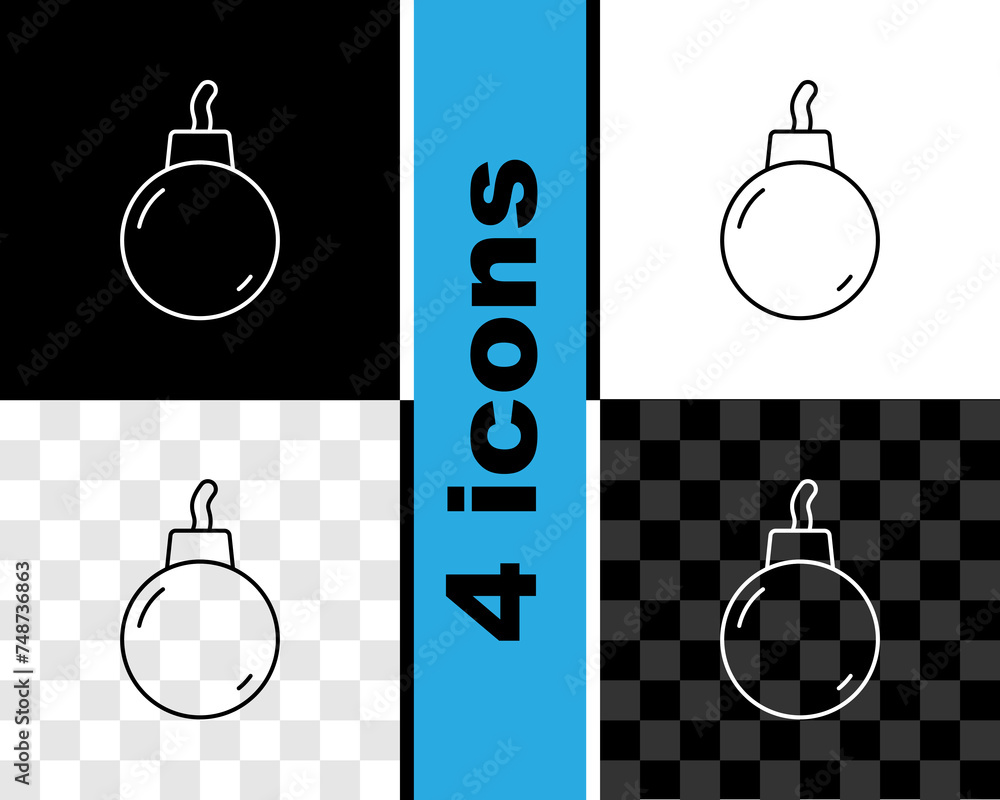 Poster set line bomb ready to explode icon isolated on black and white, transparent background. vector