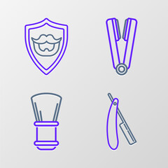 Set line Straight razor, Shaving brush, Curling iron for hair and Mustache and beard shield icon. Vector