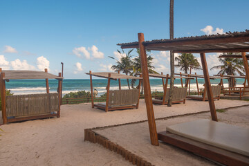 Wooden huts with mattresses and sea views to relax. Porto de Galinhas, Pernambuco, Brazil.