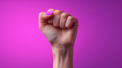 raised hand fist of woman on pink background, in celebration of women's day, women's rights, space for text