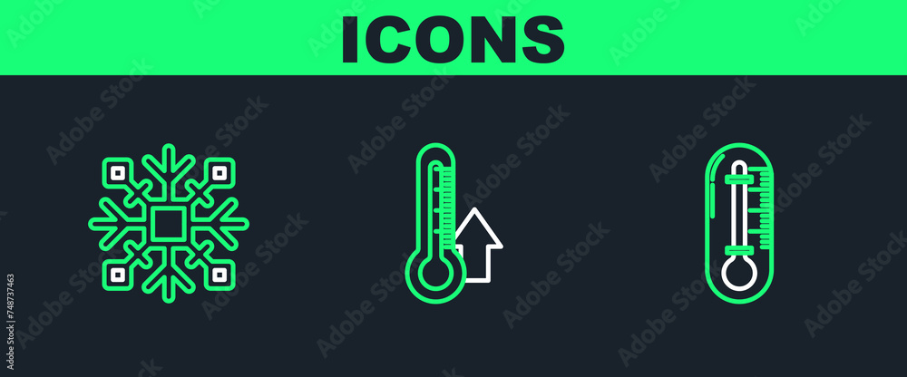 Poster set line thermometer, snowflake and icon. vector