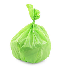 Green plastic garbage bag isolated on white