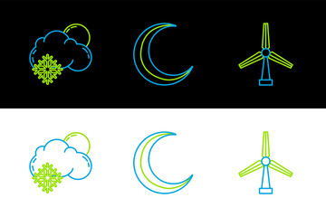 Set line Wind turbine, Cloud with snow and sun and Moon stars icon. Vector