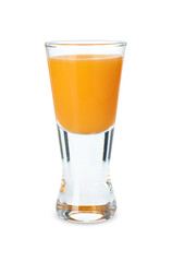 Tasty tangerine liqueur in shot glass isolated on white