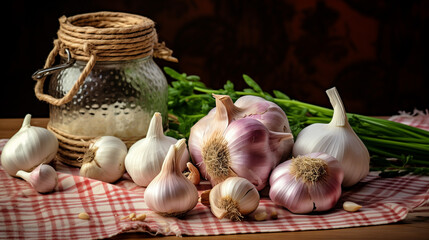 garlic and herbs on a tablecloth