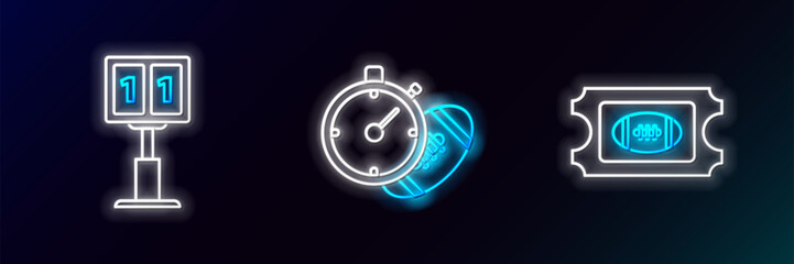 Fototapeta premium Set line American Football ticket, Sport football mechanical scoreboard and result display and stopwatch icon. Glowing neon. Vector