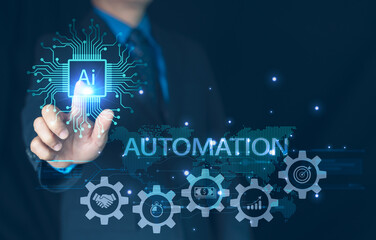 AI ,Business visionary points to AI letter icon on a world map, symbolizing the strategic utilization of AI in global business. Embrace innovation and navigate the future of intelligent technology