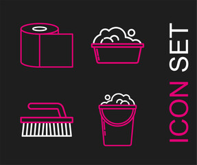 Set line Bucket with foam and bubbles, Brush for cleaning, Plastic basin soap suds and Toilet paper roll icon. Vector