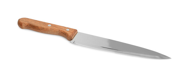 One sharp knife with wooden handle isolated on white
