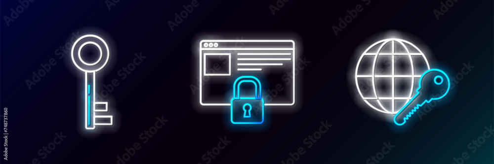 Poster set line globe key, key and secure your site with https, ssl icon. glowing neon. vector