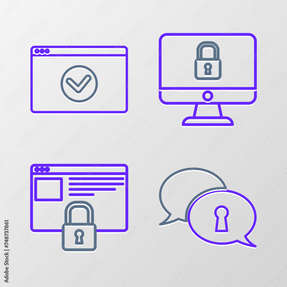 Poster set line protection of personal data, secure your site with https, ssl, lock computer monitor screen