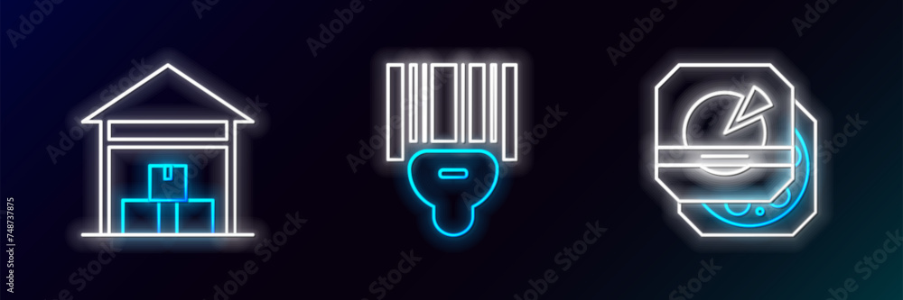 Poster set line pizza in cardboard box, warehouse and scanner scanning bar code icon. glowing neon. vector