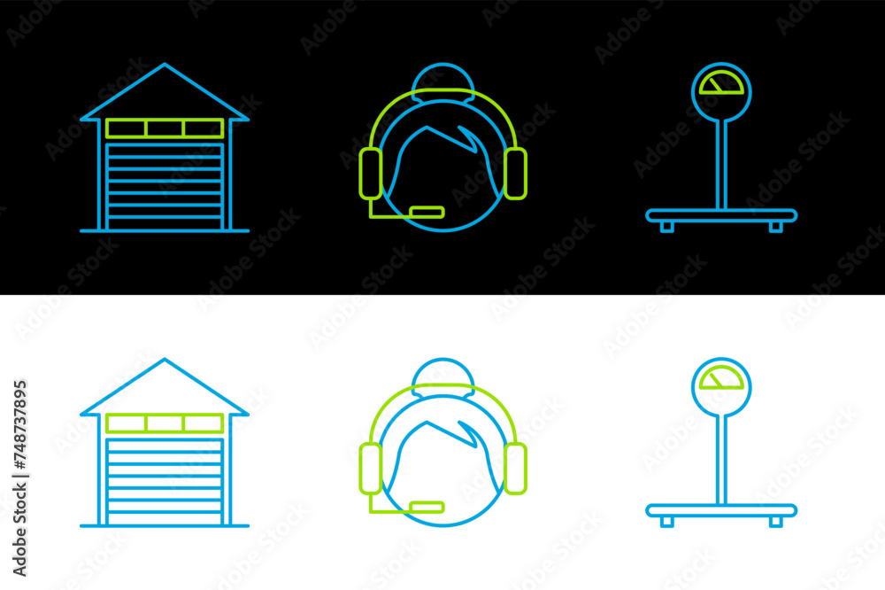 Poster set line scale, closed warehouse and support operator in touch icon. vector