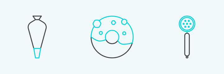 Set line Strainer spoon, Pastry bag for decorate cakes and Donut with sweet glaze icon. Vector