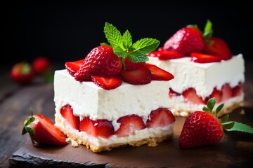 Close-up of tempting strawberry cheesecake with copy space for menu or food blog