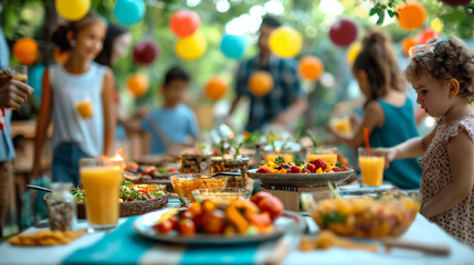 Big Family Garden Party Celebration, Gathered Together at the Table Family, Friends and Children. People are Drinking, Passing Dishes, Joking and Having Fun. Kids Run Around Table. - Powered by Adobe