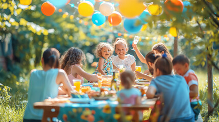 Big Family Garden Party Celebration, Gathered Together at the Table Family, Friends and Children. People are Drinking, Passing Dishes, Joking and Having Fun. Kids Run Around Table. - obrazy, fototapety, plakaty