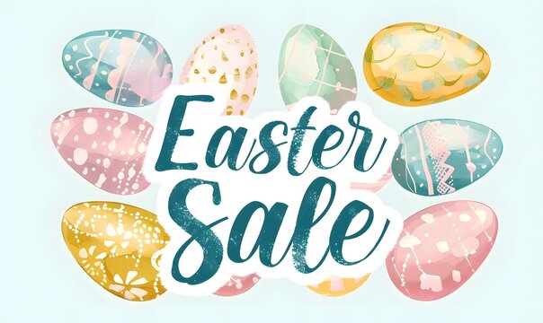 Textured inscription "Easter sale" located on top of painted eggs