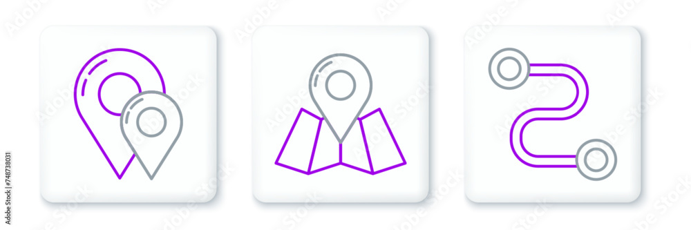 Poster set line route location, map pin and folded map with marker icon. vector