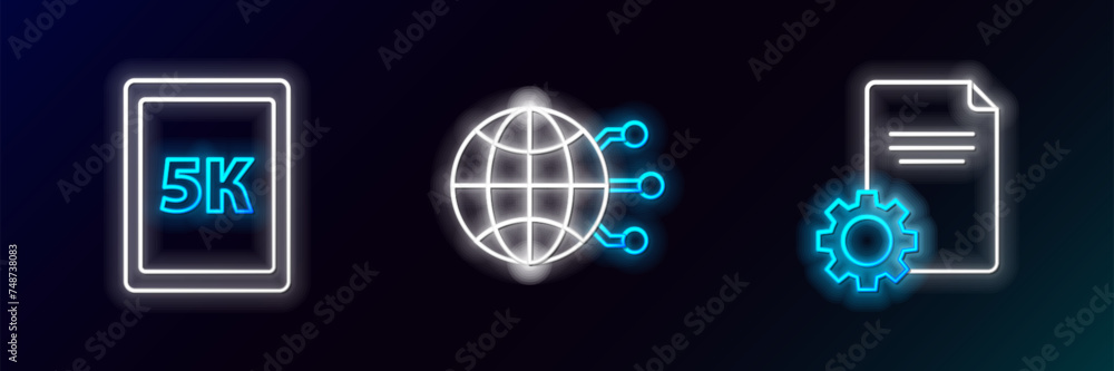 Poster set line file document, tablet with text 5k and global technology or social network icon. glowing ne