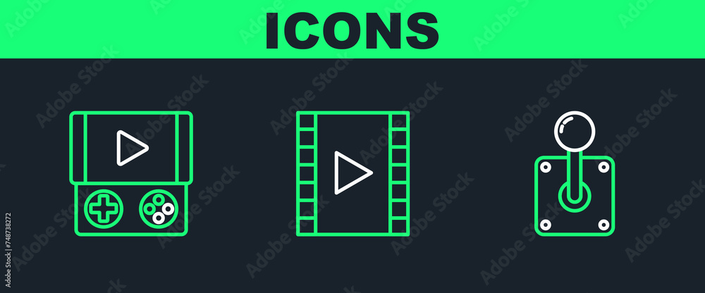 Poster set line joystick for arcade machine, portable video game console and play video icon. vector