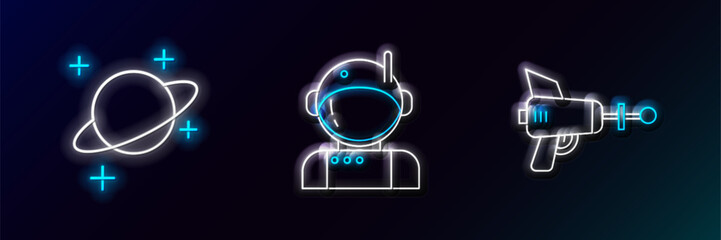 Set line Ray gun, Planet and Astronaut icon. Glowing neon. Vector