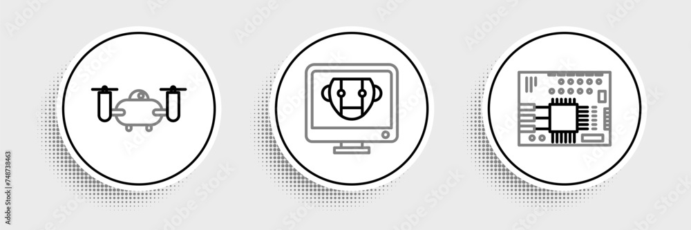Poster set line printed circuit board pcb, drone flying with action camera and bot icon. vector