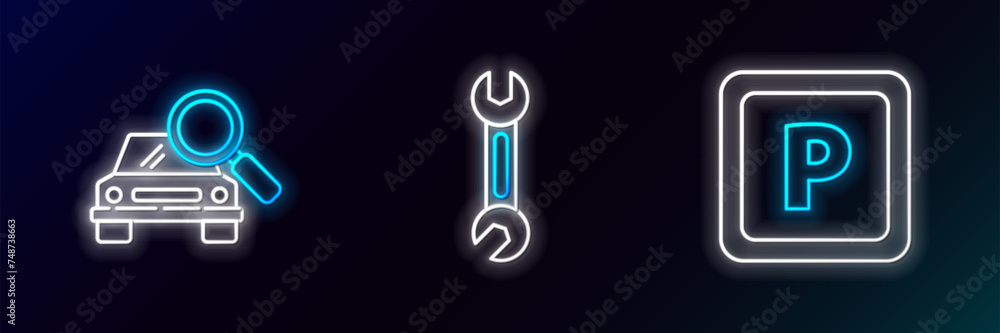 Canvas Prints set line parking, car search and wrench icon. glowing neon. vector