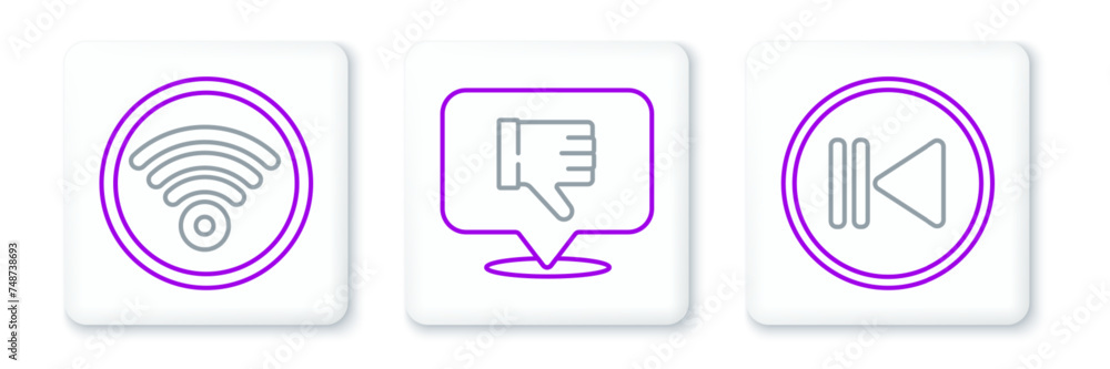Poster set line rewind, wi-fi wireless internet network and dislike speech bubble icon. vector