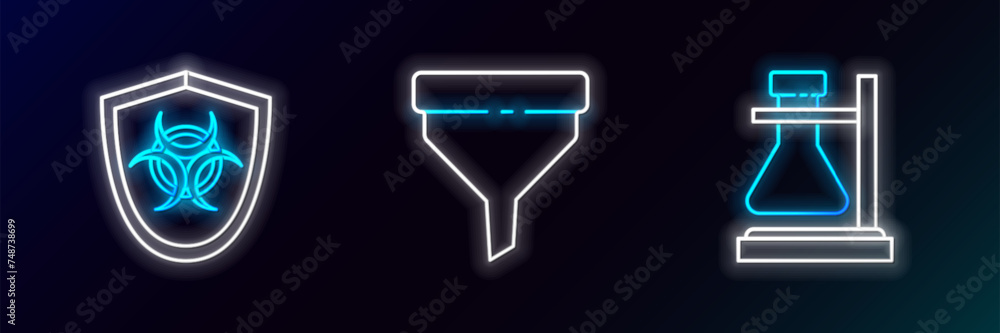Poster set line test tube flask on stand, biohazard symbol shield and funnel or filter icon. glowing neon. 