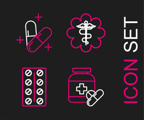 Set line Medicine bottle and pills, Pills blister pack, Emergency star medical symbol Caduceus snake with stick and or tablet icon. Vector