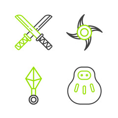 Set line Maneki neko cat, Japanese ninja shuriken, and Traditional katana icon. Vector