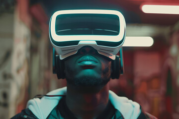 A young man wearing virtual reality glasses, immersed in digital simulation, exploring innovative technology experiences